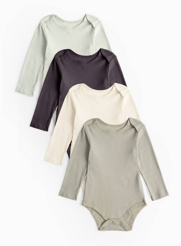 Dino Plain Ribbed Long Sleeve Bodysuit 4 Pack 6-9 months